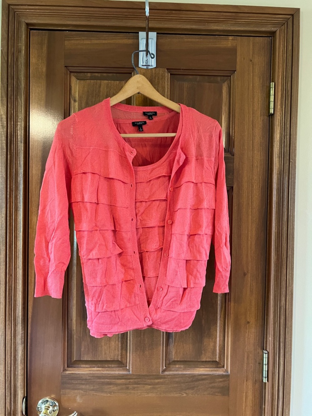 Talbots Coral Pink Ruffle Front Cardigan with Matching Tank